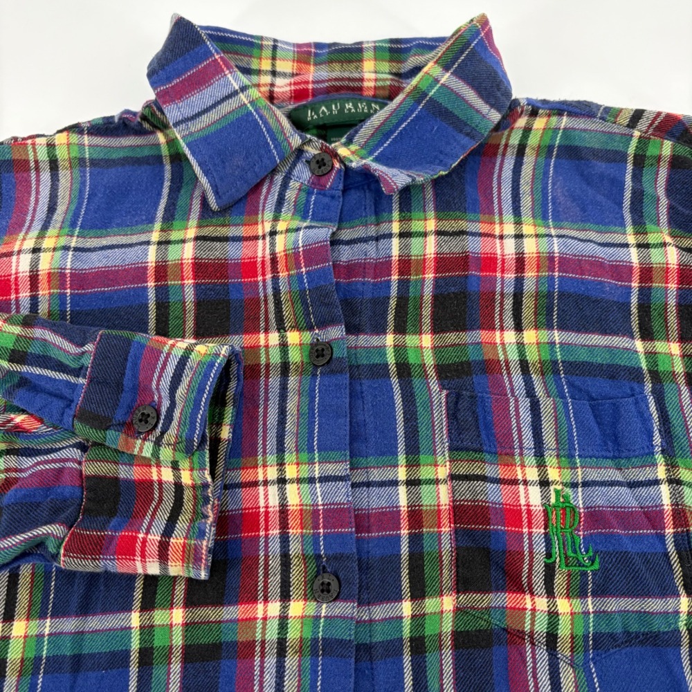 Lauren Ralph Lauren Womens Blue Plaid Flannel Button Down Tunic Sleep Shirt Sz M